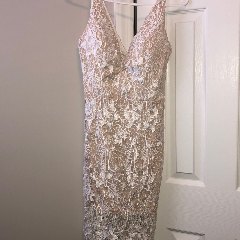 White and beige lace party dress